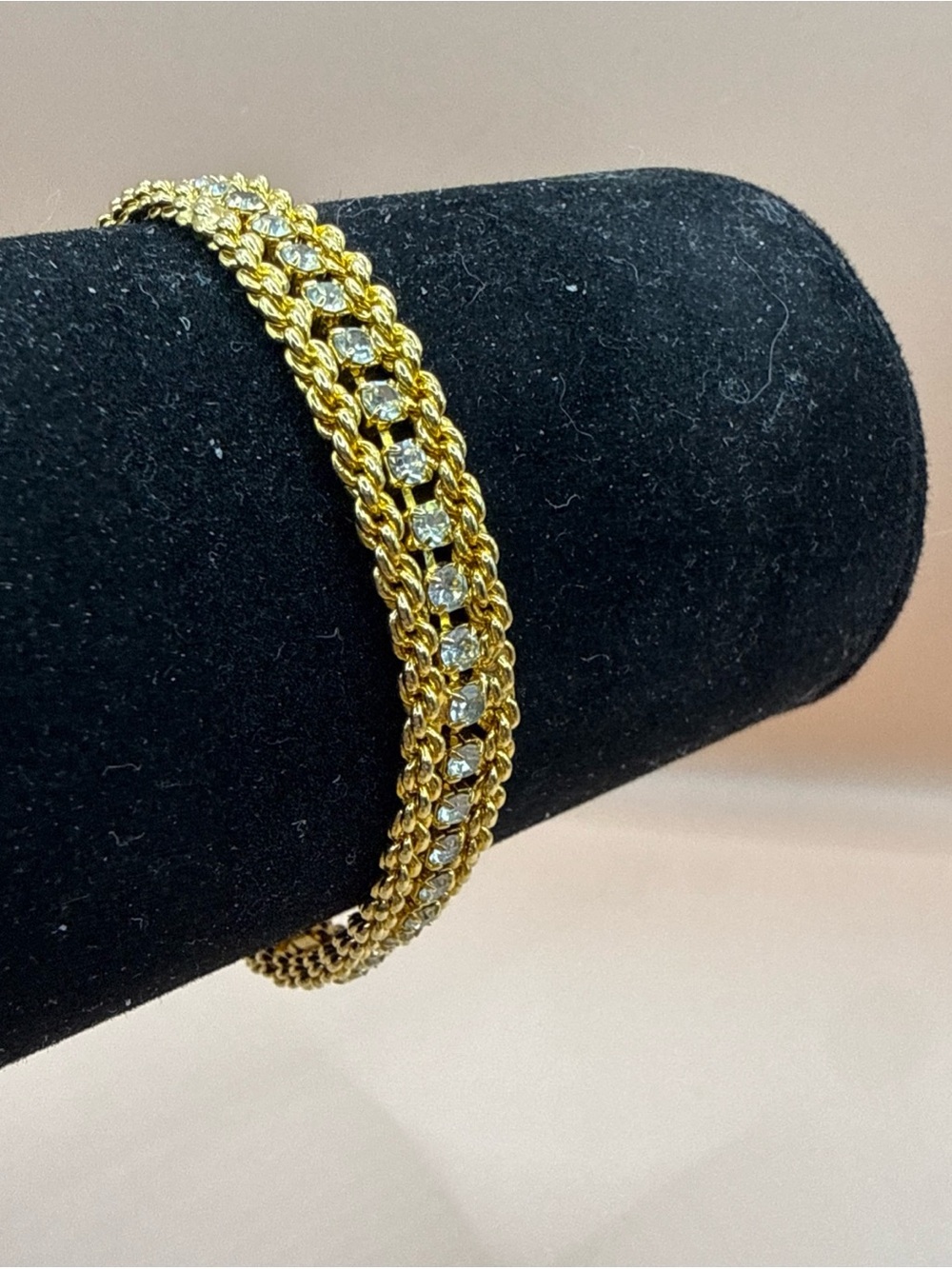 Fashion Gold Tone Triple Strand Tennis Bracelet 1 Rhinestone w 2 Chain Strands